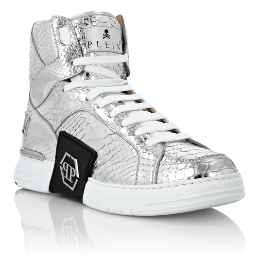 sneaker unisex hi-top pitone 1000P5H00L100 in shiny silver with hexagon logo