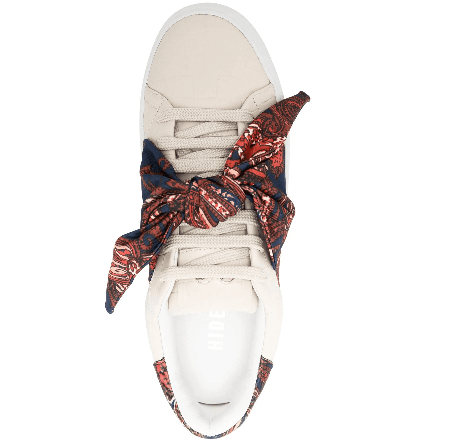 sneakers donna beige multicolore con lacci a nodo, design con stampa paisley e effetto coccodrillo.