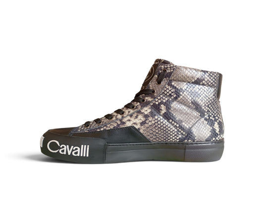 Roberto Cavalli Sneakers Alte Uomo in Pelle Pitonata Nera in tessuto pitonato con dettaglio logo bianco
