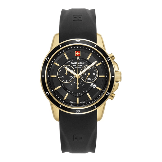Swiss Alpine 220MNTOROL2M watch featuring a black dial and silicone strap, chronograph function, and luminous hands.