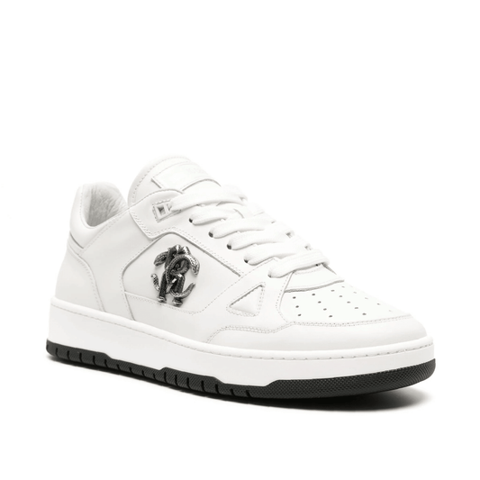ROBERTO CAVALLI Sneakers in Pelle di Vitello premium bianche con logo in metallo elegante.