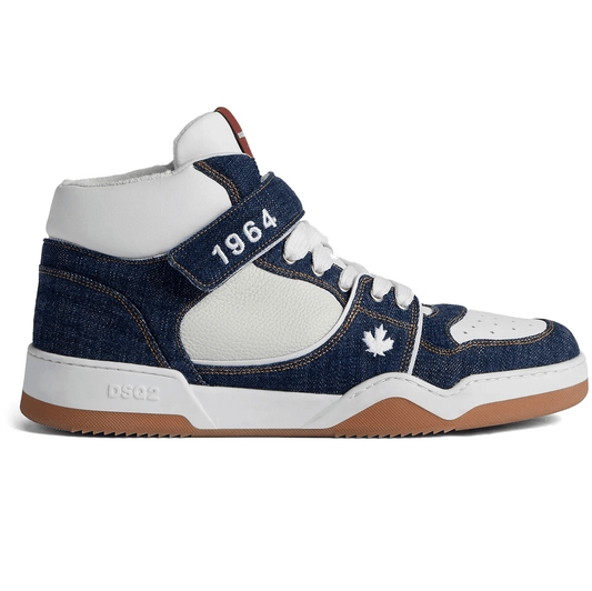 DSQUARED2 Spiker alta sneakers featuring denim and white leather with gum sole and 1964 details.