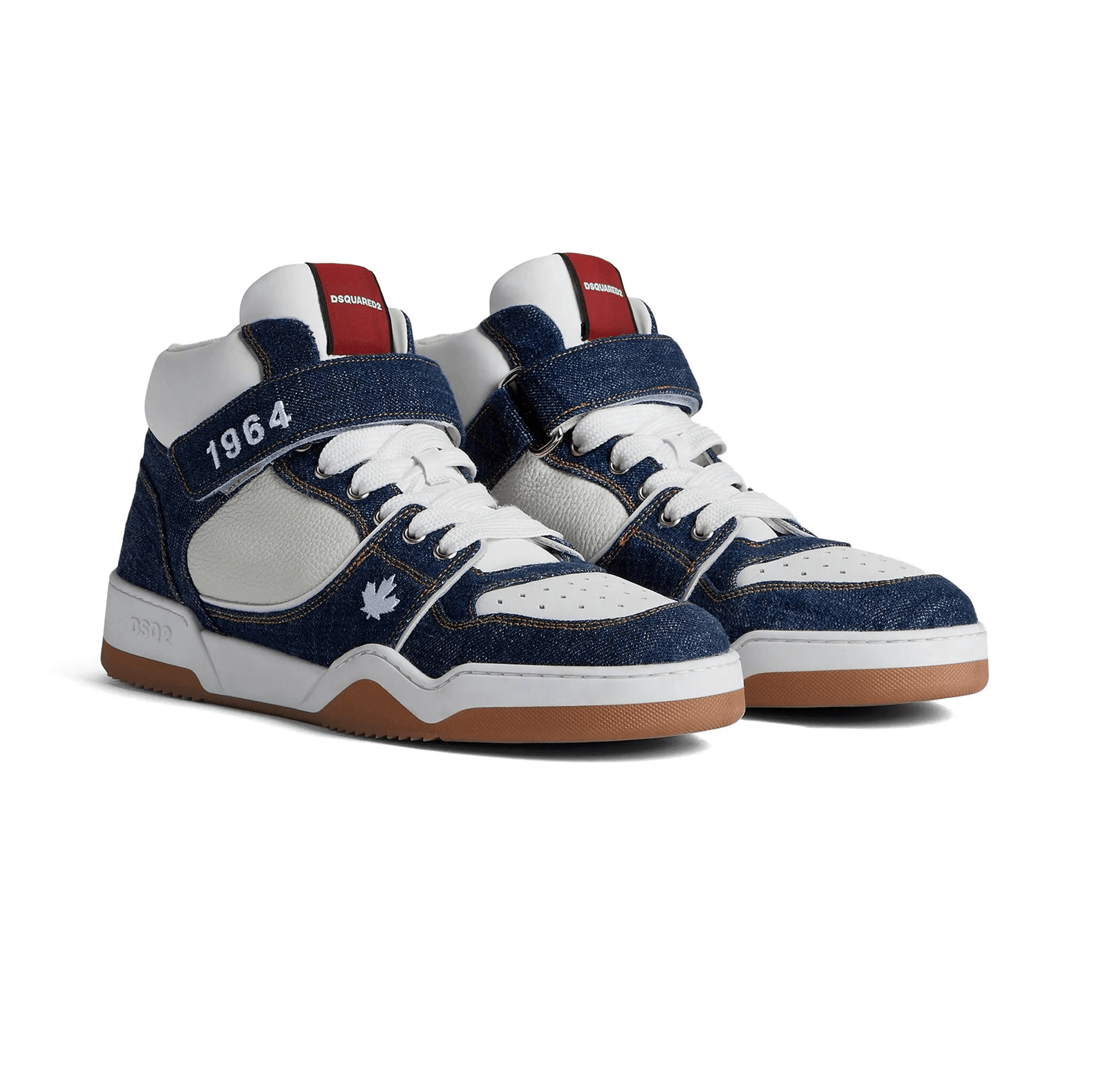 DSQUARED2 Spiker high top sneakers in denim and white leather with a retro design.
