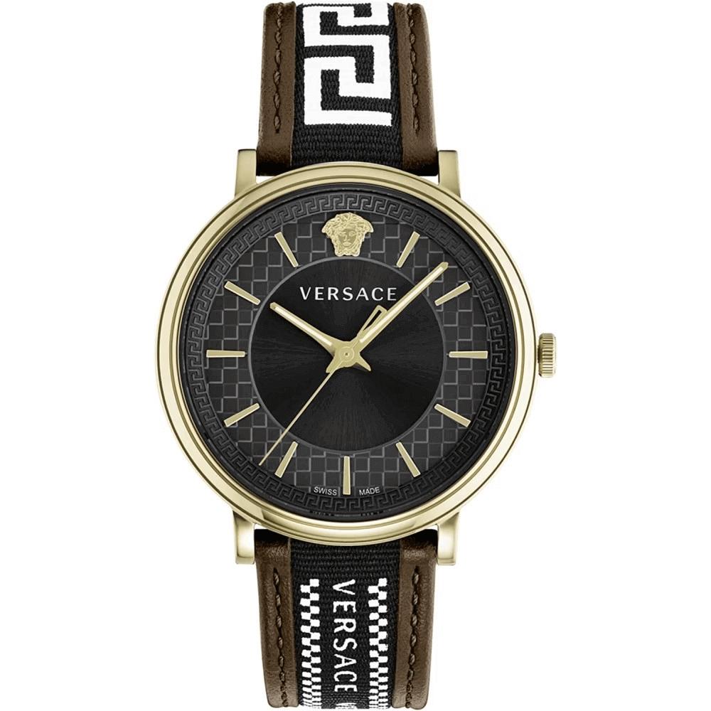 Orologio Versace Oro Verde con quadrante nero, cassa dorata e cinturino in pelle elegante.