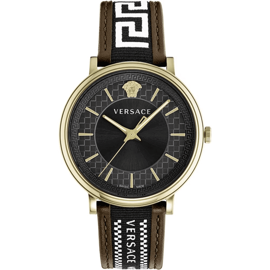 Orologio Versace Oro Verde con quadrante nero, cassa dorata e cinturino in pelle elegante.