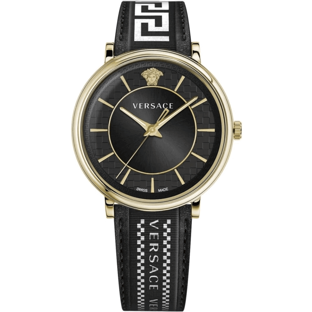 Orologio Versace Oro Verde con quadrante nero, cassa dorata e cinturino in pelle, design elegante e raffinato.