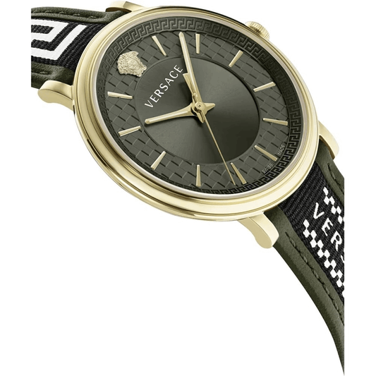Orologio Versace Oro Verde con quadrante verde e cinturino in pelle, elegante accessorio da uomo.
