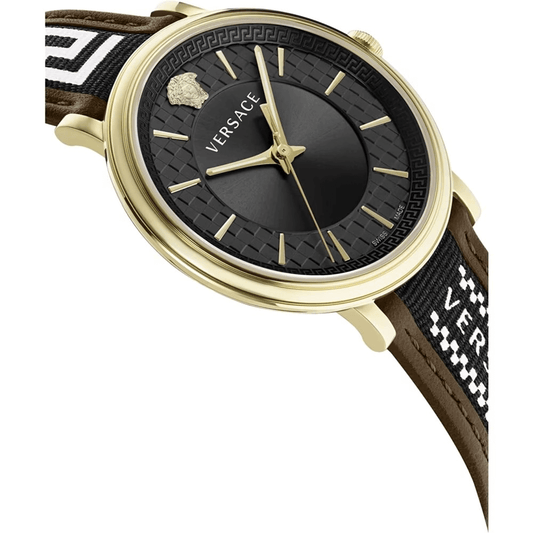 Versace gold brown men's watch with black dial and leather strap, Swiss made, elegant and stylish design.