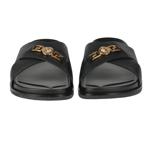 Sandali in Pelle di qualità VERSACE 345Y6X03X100, eleganti sandali in pelle nera con design iconico e comfort duraturo.