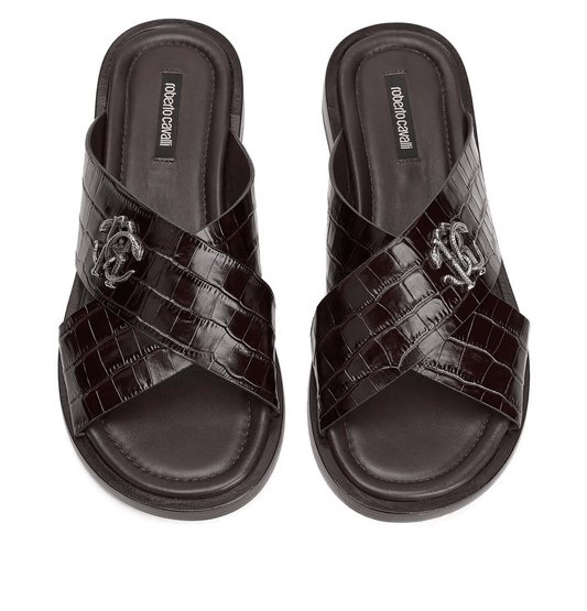 Roberto Cavalli sandali effetto coccodrillo 400F6R01F100, con texture effetto coccodrillo e fascia a incrocio.