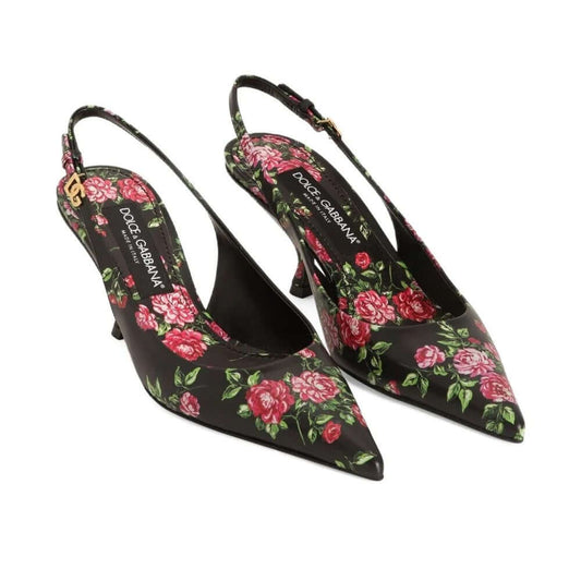 DOLCE & GABBANA Scarpe Tacco Stiletto Slingback con stampa floreale nera, elegante e sensuale.