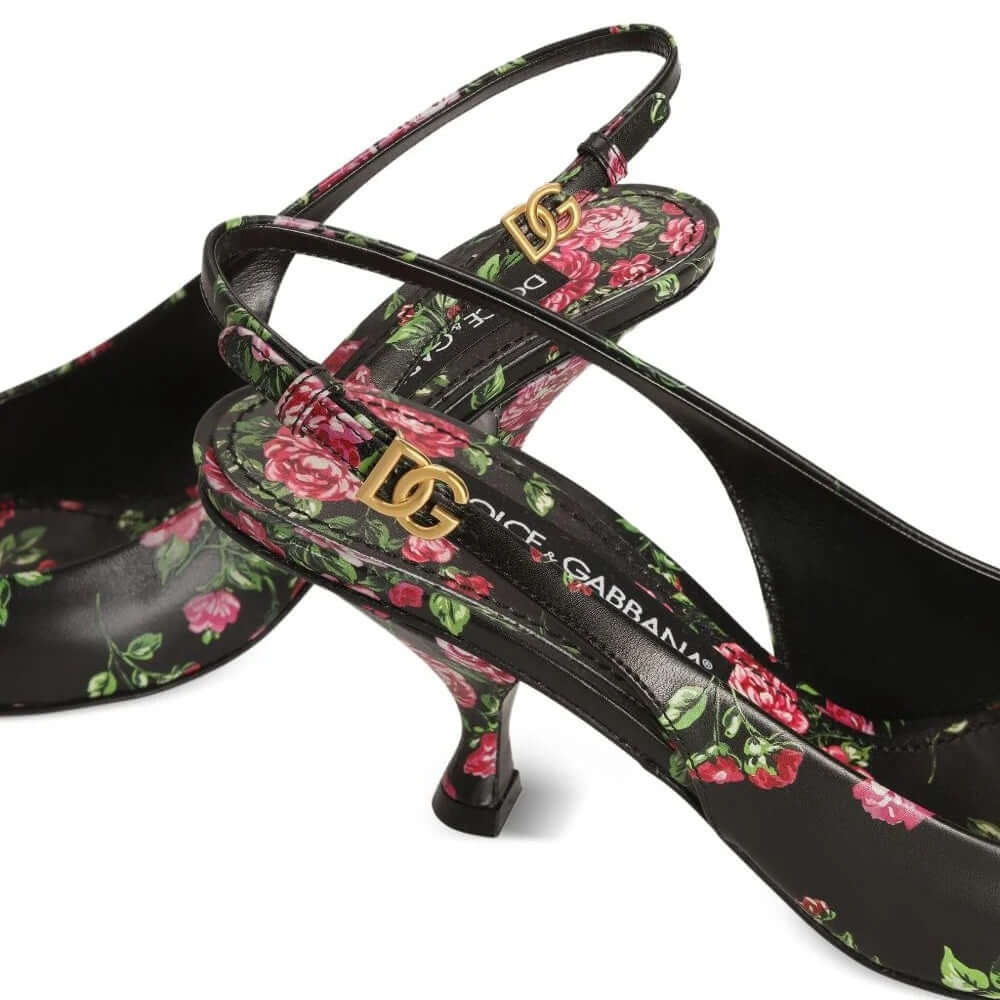 DOLCE & GABBANA Scarpe Tacco Stiletto Slingback con stampa floreale nera, elegante e sensuale.