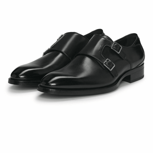 Fibbie in pelle Made in Italy 700Z7L02D100, scarpe in pelle nera con doppia fibbia, eleganza e qualità artigianale.