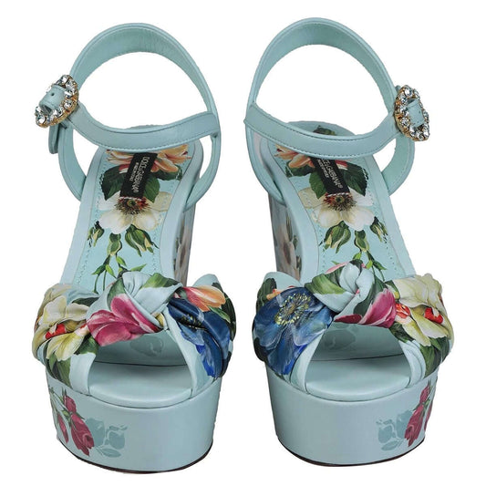 Dolce&Gabbana sandali floreali con zeppa in pelle azzurra con cristalli e fantasia floreale colorata