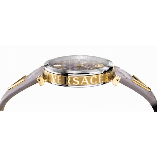 Versace luxury watch 490MNTOROL3D featuring a gold-toned case and light pink leather strap.
