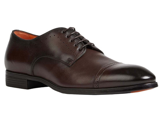Derby artigianali pelle calzata ampia 100Y20X23X240 in pelle marrone, suola nera, design elegante e comfort assicurato.