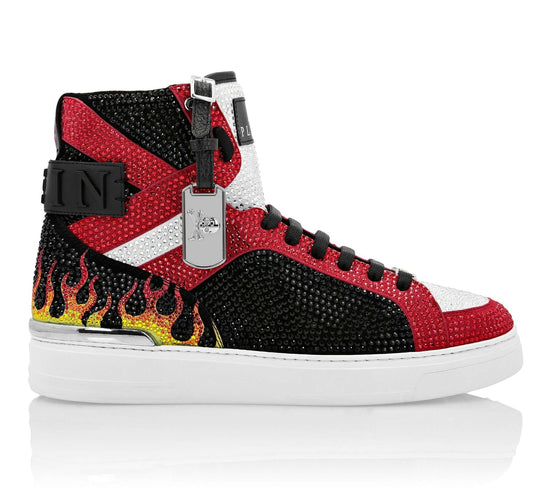 Sneakers hi-top con cristalli 100Y52X23X1800 in bianco e nero con dettagli in cristallo e suola antiscivolo