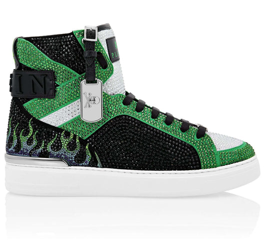 sneakers hi-top pelle scamosciata cristalli 100Y52X23X1800 con applicazioni di cristalli colorati e suola antiscivolo.