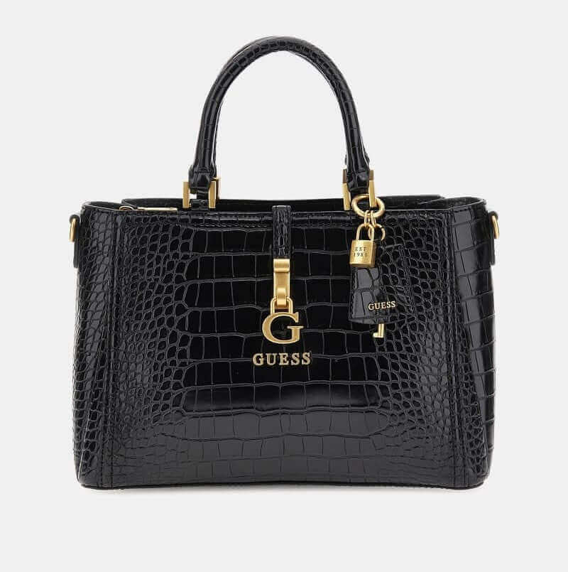 Migliori borse italiane donna: borsa nera Guess in pelle con dettagli dorati e chiusura a lucchetto.