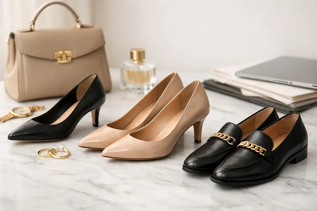 Migliori scarpe business donna per l'ufficio: tacchi neri e beige, mocassini neri, borsa elegante su tavolo.