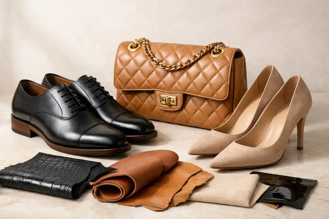 Guida ai materiali delle calzature di lusso: eleganti scarpe e borsa in pelle con vari materiali a scelta.