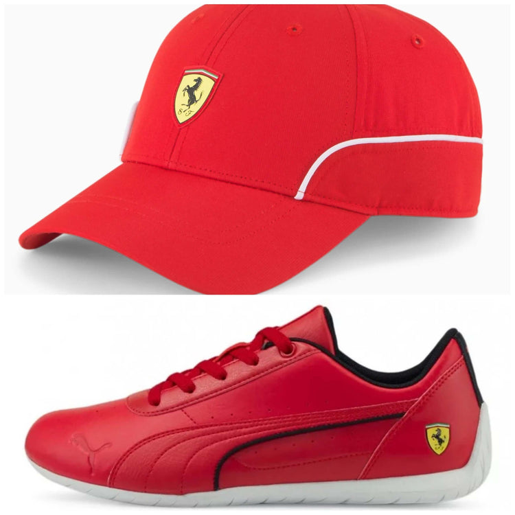 Prodotti originali italiani: cappellino Ferrari rosso e scarpe Puma rosse in collezione unica.