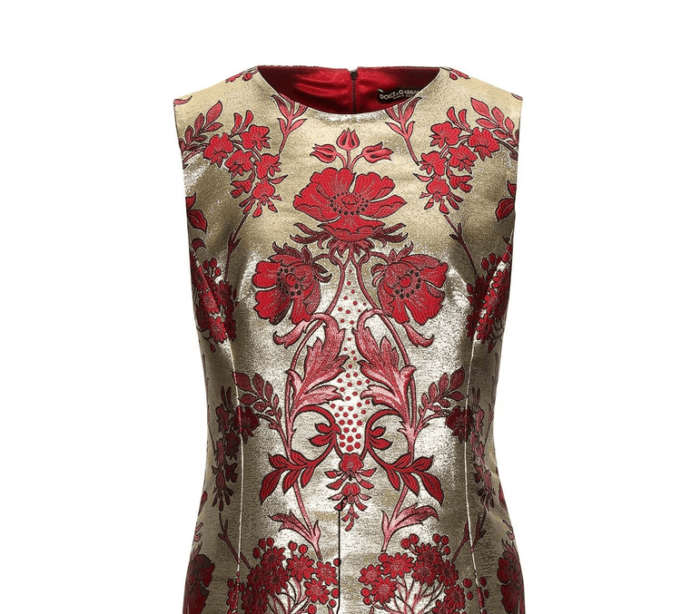 Abito elegante con motivo floreale rosso su sfondo dorato, parte della nostra collezione di moda e comfort abbigliamento.