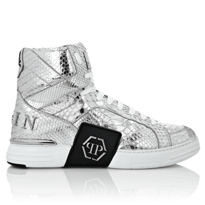 sneaker unisex hi-top pitone 1000P5H00L100 in shiny silver with hexagon logo