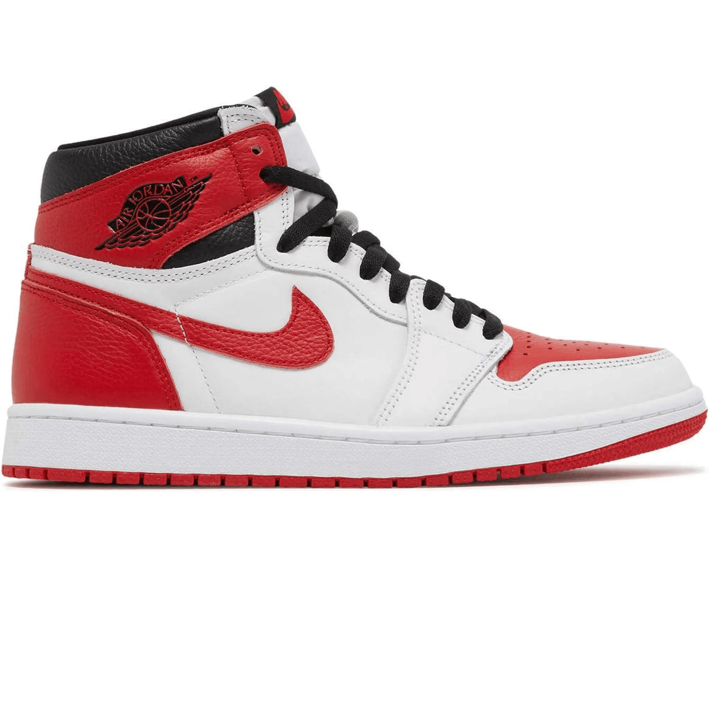 Nike Air Jordan 1 Retro High Heritage Sneakers in white, red, and black featuring a classic design and high-top silhouette.