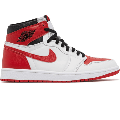 Nike Air Jordan 1 Retro High Heritage Sneakers in white, red, and black featuring a classic design and high-top silhouette.