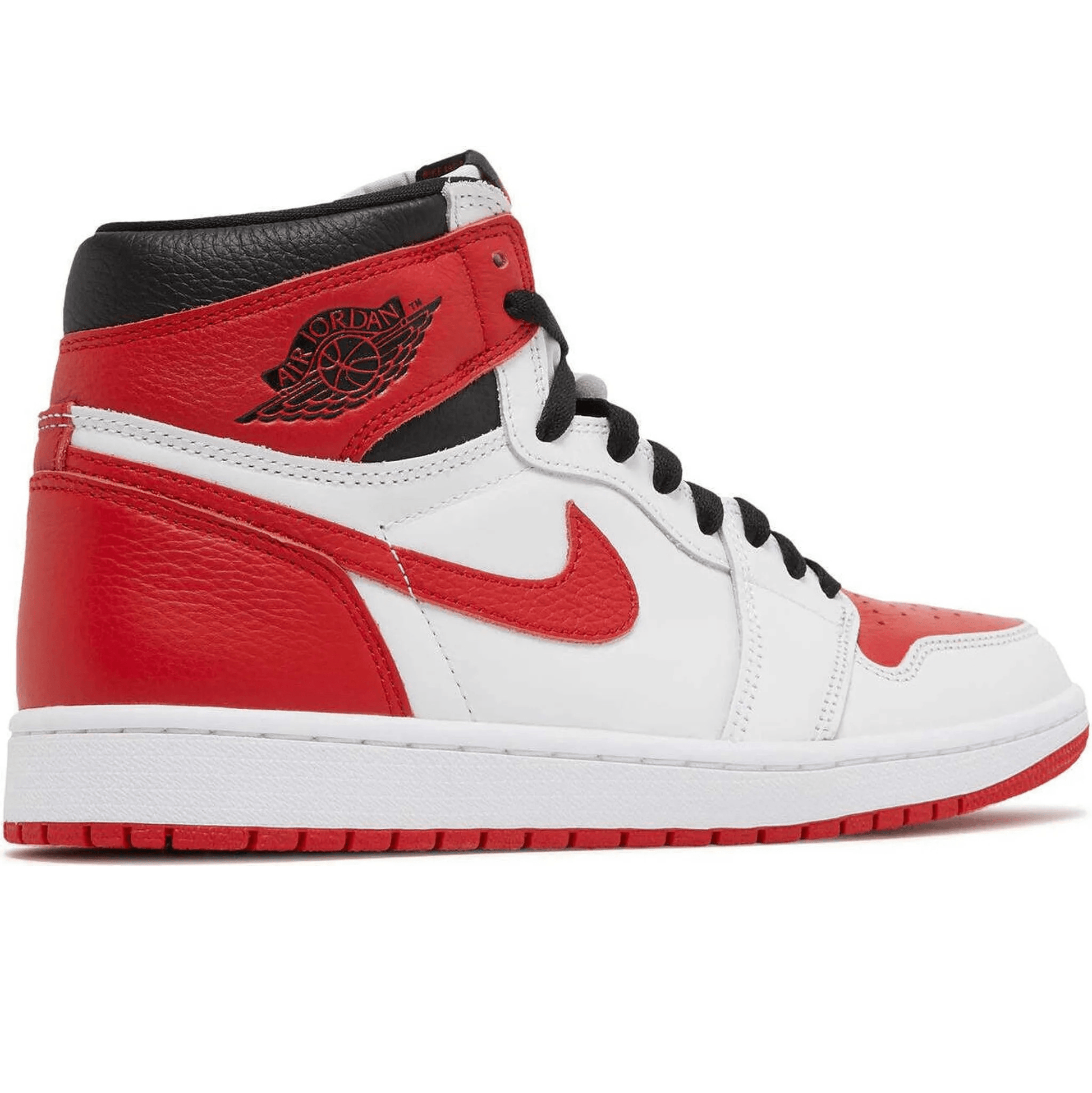 Nike Air Jordan 1 Retro High Heritage Sneakers in white, red, and black featuring a classic design and high-top silhouette.