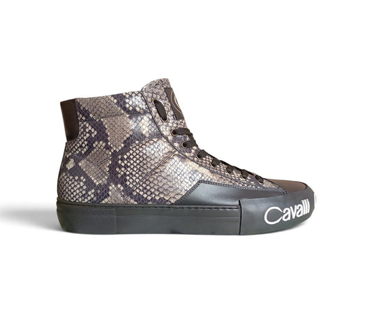 Roberto Cavalli Sneakers Alte Uomo in Pelle Pitonata Nera in tessuto pitonato con dettaglio logo bianco