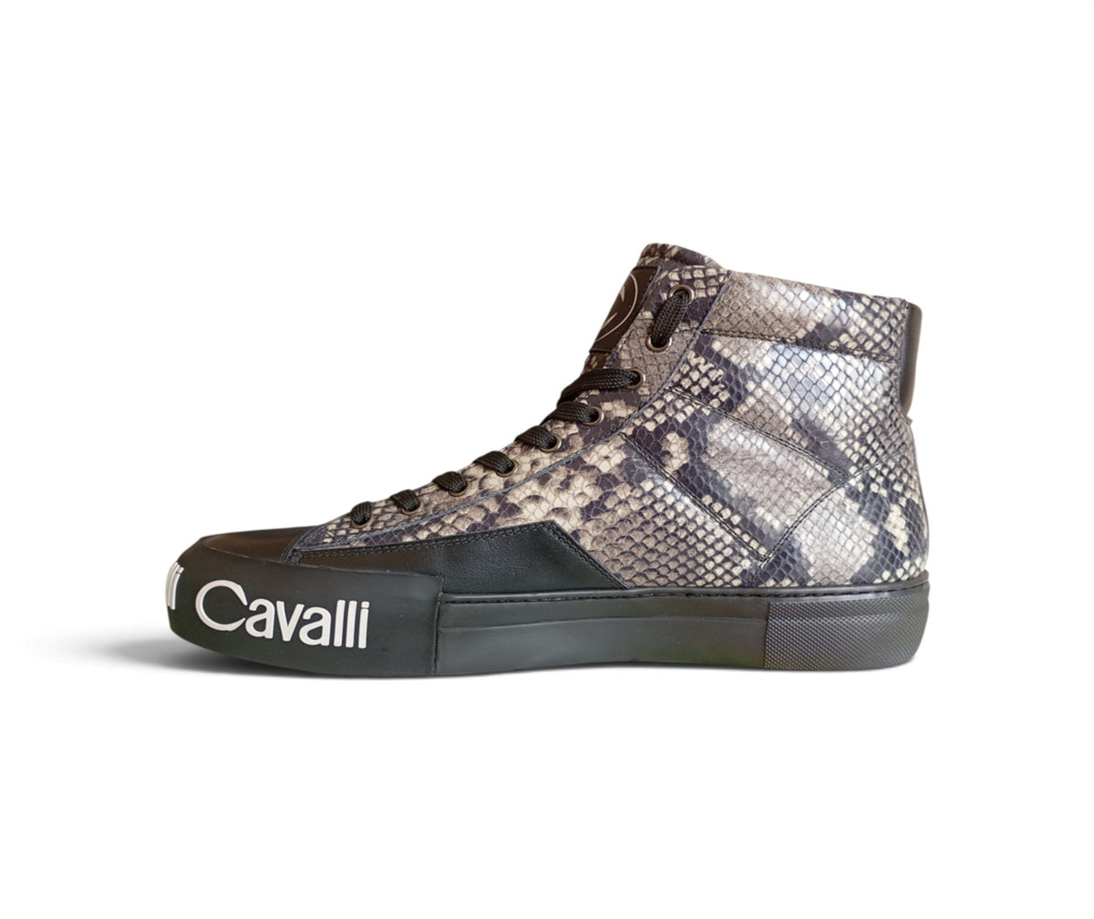 Roberto Cavalli Sneakers Alte Uomo in Pelle Pitonata Nera in tessuto pitonato con dettaglio logo bianco