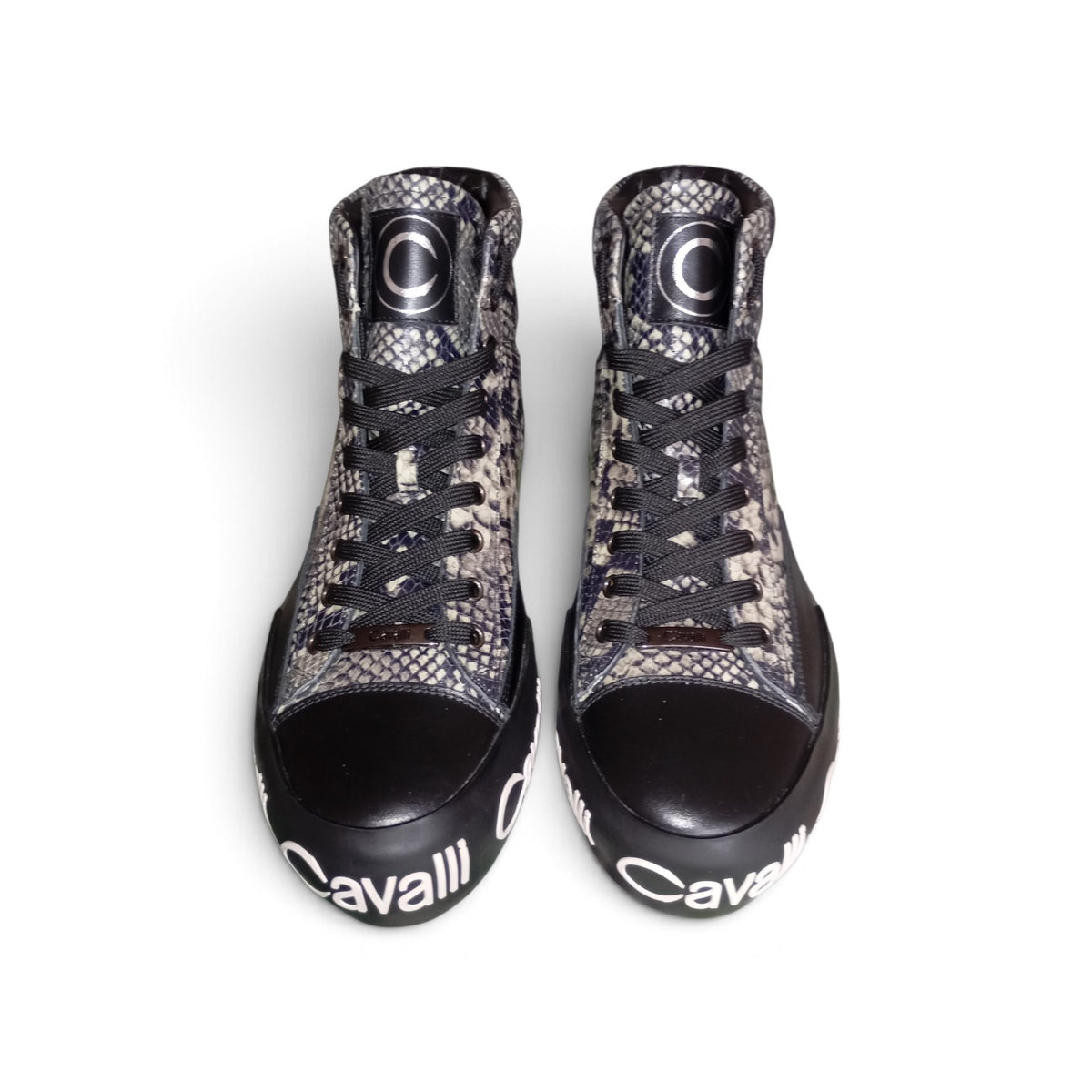 Roberto Cavalli Sneakers Alte Uomo in Pelle Pitonata Nera in tessuto pitonato con dettaglio logo bianco