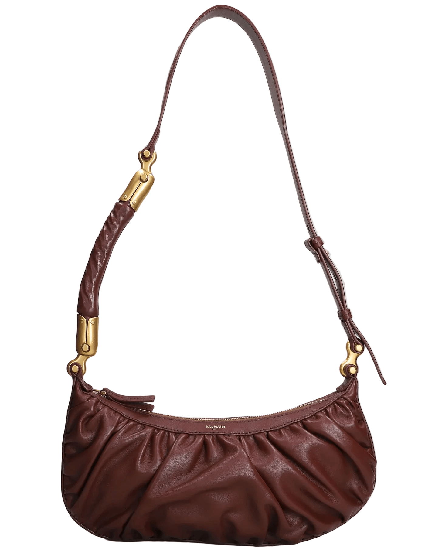 Balmain Borsa a Spalla in Pelle con Design Arricciato, dettagli dorati, in pelle marrone.