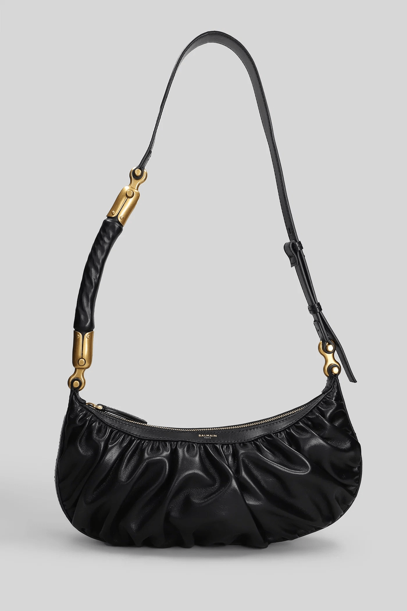 Balmain Borsa a Spalla in Pelle con Design Arricciato, dettagli dorati, in pelle marrone.