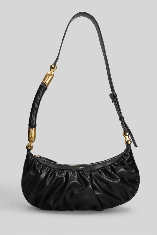 Balmain Borsa a Spalla in Pelle con Design Arricciato, dettagli dorati, in pelle marrone.
