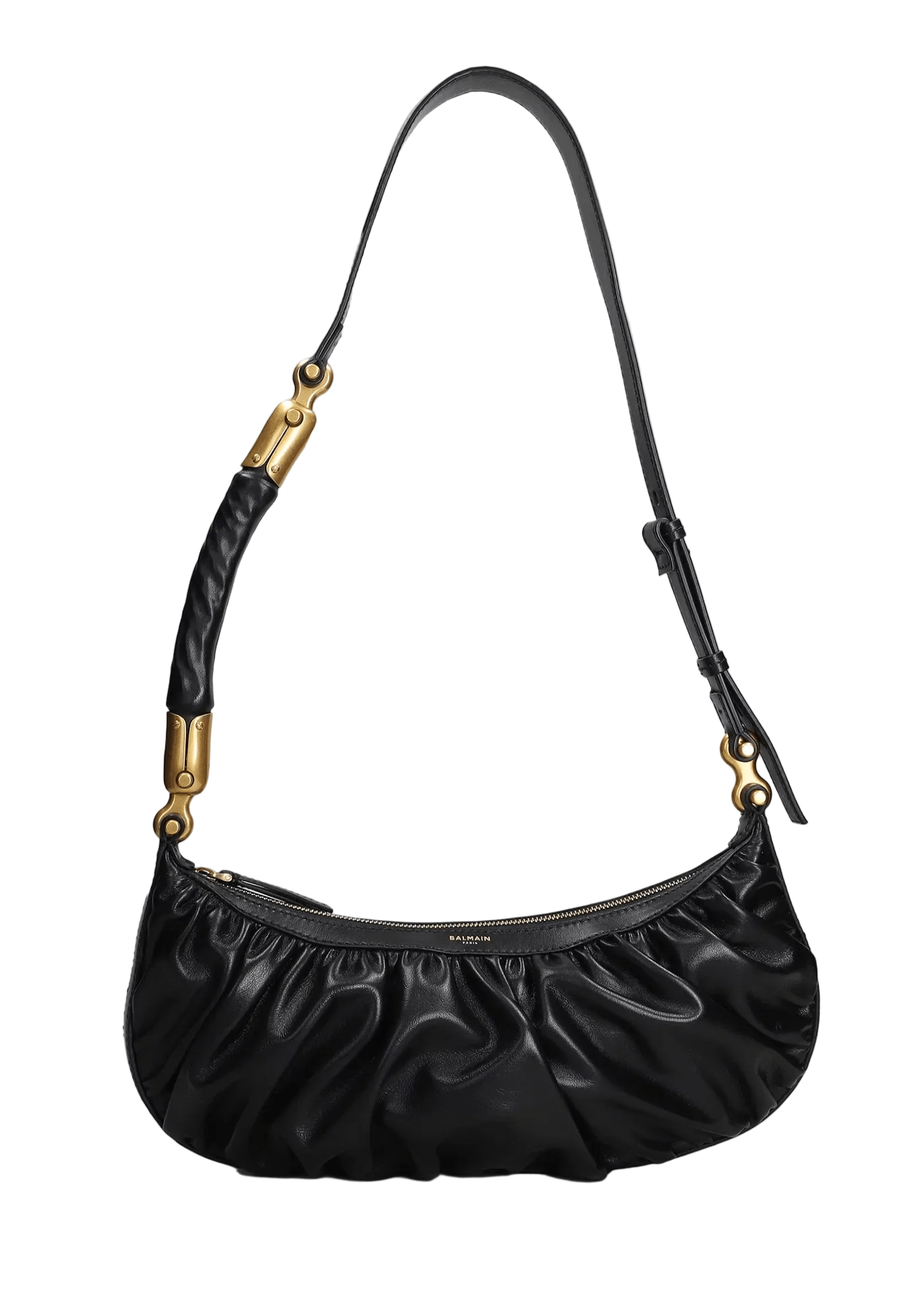 Balmain Borsa a Spalla in Pelle Nera con Design Arricciato, borsa con dettagli in oro e design arricciato.