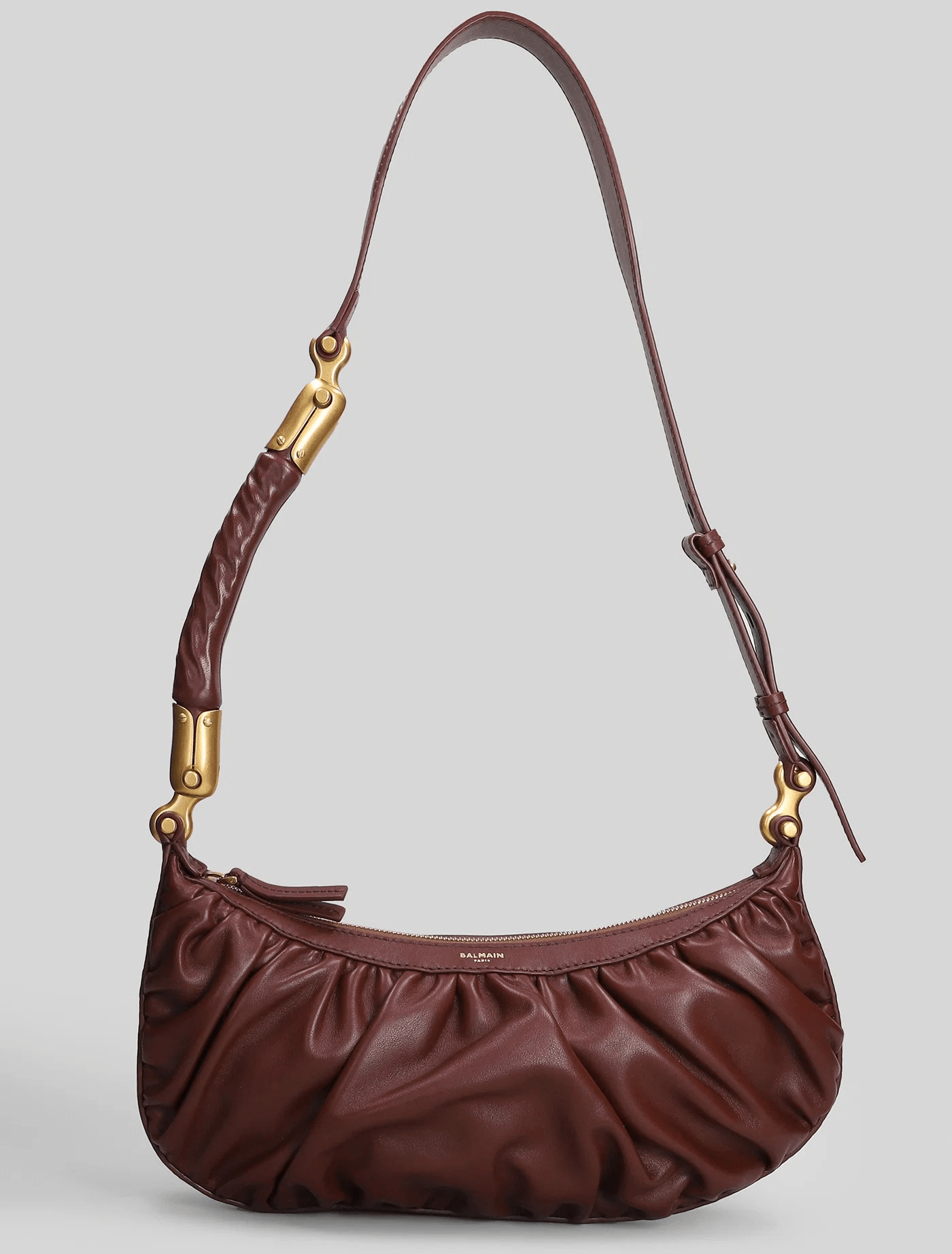 Balmain Borsa a Spalla in Pelle Nera con Design Arricciato, borsa con dettagli in oro e design arricciato.
