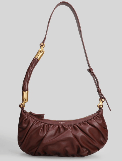 Balmain Borsa a Spalla in Pelle Nera con Design Arricciato, borsa con dettagli in oro e design arricciato.