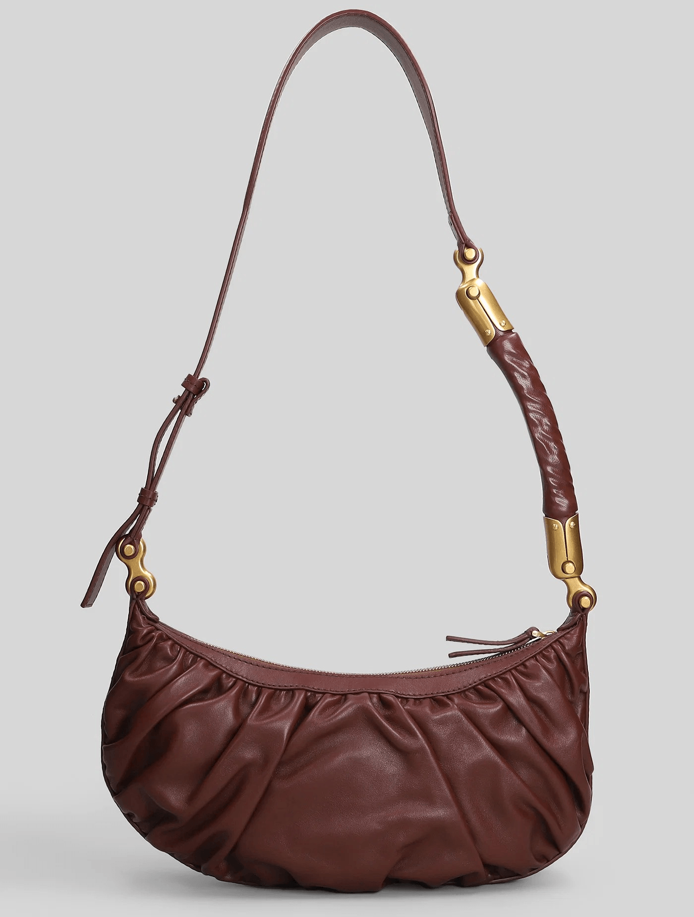 Balmain Borsa a Spalla in Pelle con Design Arricciato, dettagli dorati, in pelle marrone.