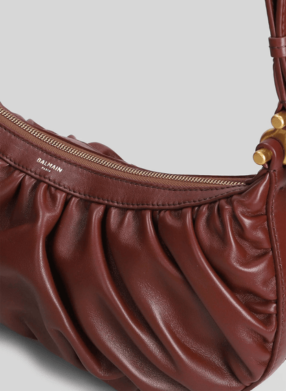 Balmain Borsa a Spalla in Pelle con Design Arricciato, dettagli dorati, in pelle marrone.