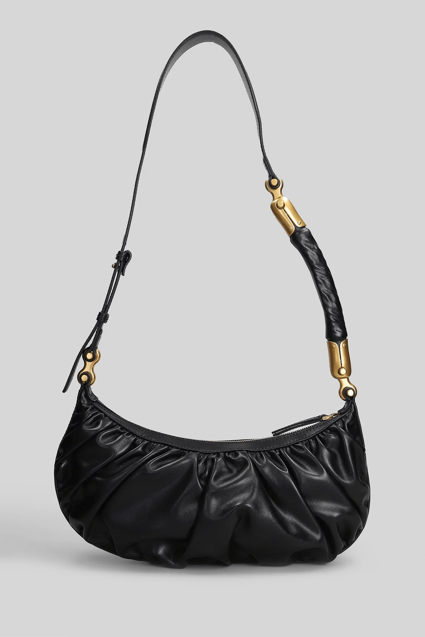 Balmain Borsa a Spalla in Pelle Nera con Design Arricciato, borsa con dettagli in oro e design arricciato.