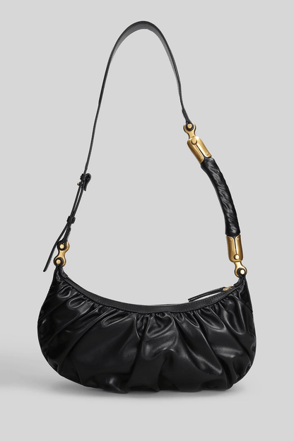 Balmain Borsa a Spalla in Pelle Nera con Design Arricciato, borsa con dettagli in oro e design arricciato.
