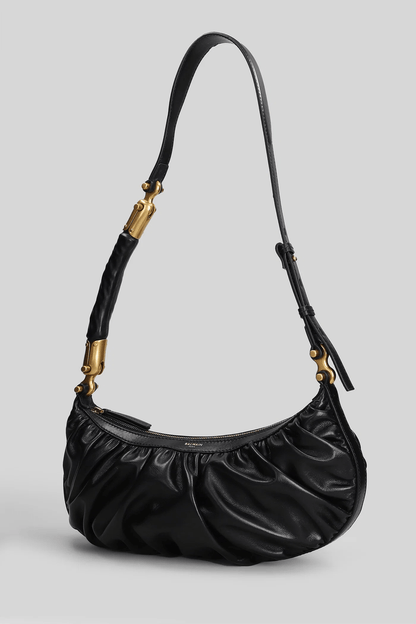 Balmain Borsa a Spalla in Pelle Nera con Design Arricciato, borsa con dettagli in oro e design arricciato.