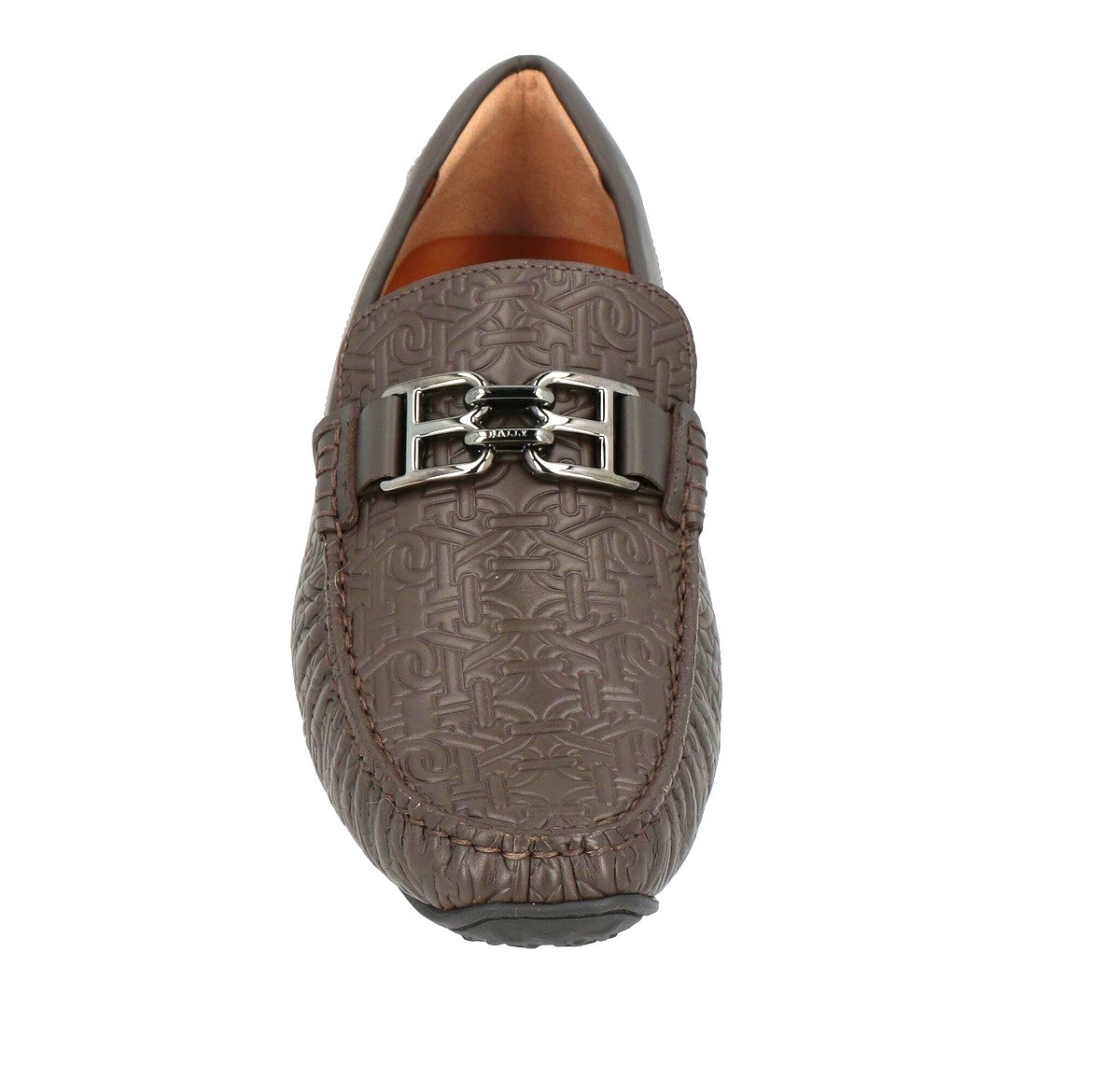 Bally Mocassini Car Shoes in pelle marrone con design inciso e logo, suola in gomma per comfort e stile.
