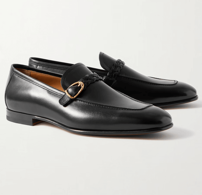 Mocassini in pelle nera slip-on 1500F3R00F100 con fascia intrecciata e design elegante.