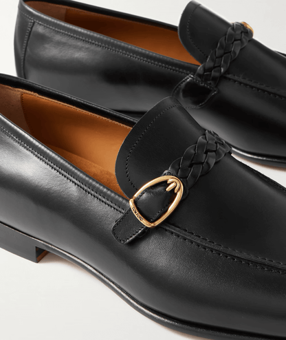 Mocassini in pelle nera slip-on 1500F3R00F100 con fascia intrecciata e punta smussata.