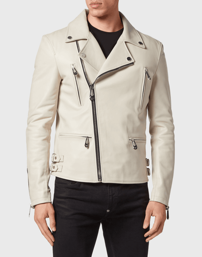  Giacca nera in pelle 1900PVH04L100 indossata da uomo, con dettagli in zip e design elegante.