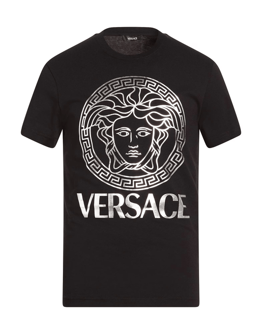 Versace T-Shirt Jersey Metallizzato Bianco 210Y10X02X100 con logo dorato e design iconico su sfondo bianco.